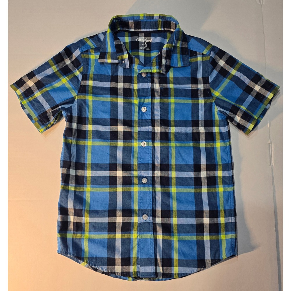 Cat & Jack Boys Plaid Button Down Shirt Blue Green Short Sleeve Size S 6/7